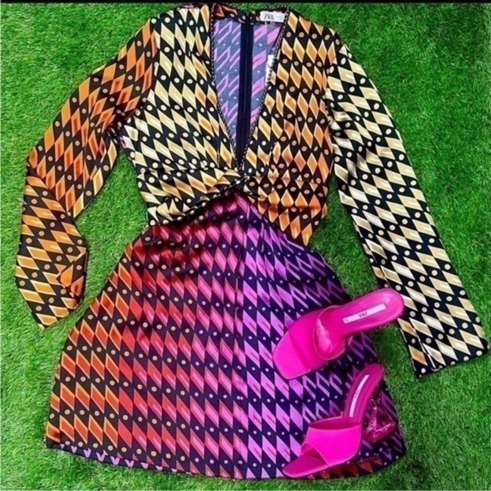 Colorful Geometric Dress with Pink Heels